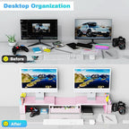 Spacrea Metal Desk Organizers and Accessories, Dual Monitor Stand Riser with Drawer and 2 Pen Holders, Desk Accessories & Workspace Desktop Organizers for Office Supplies (Pink)
