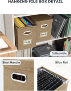 Oterri Hanging Filing File Box with Mesh Pocket, File Organizer Box with Lid, Collapsible Document Organizer Box for Letter Size, Easy Slide Durable Storage Box for Office/Decor/Home (2 PCS, Khaki)