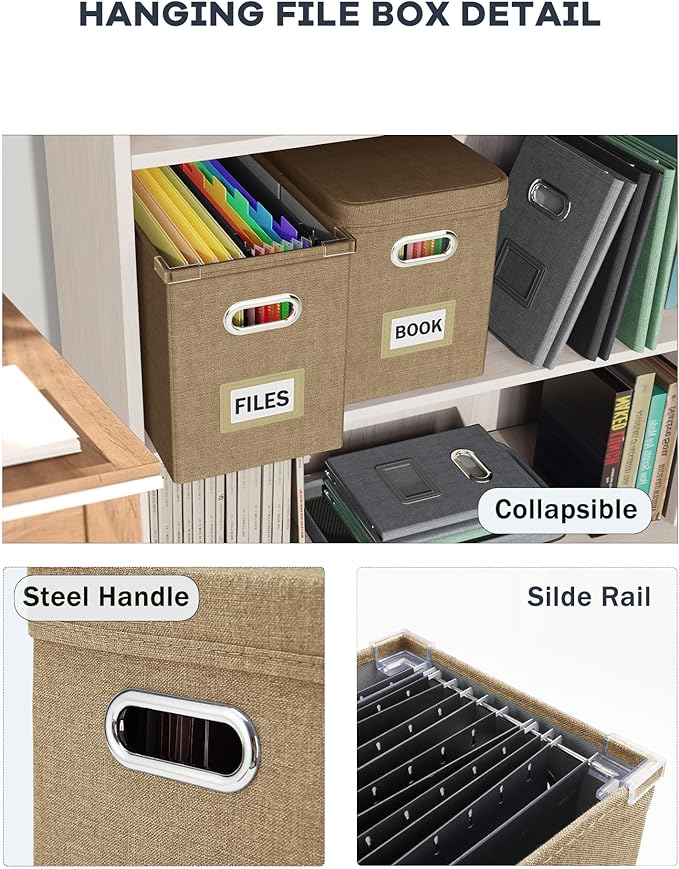 Oterri Hanging Filing File Box with Mesh Pocket, File Organizer Box with Lid, Collapsible Document Organizer Box for Letter Size, Easy Slide Durable Storage Box for Office/Decor/Home (2 PCS, Khaki)
