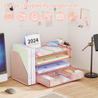 OPNICE Desk Organizer, 4-Tier Desktop File Organizer with Drawer and 2 Pen Holders, Office Desk Accessories, File Sorters, Workspace Organizers for Office Supplies(Rose Gold)