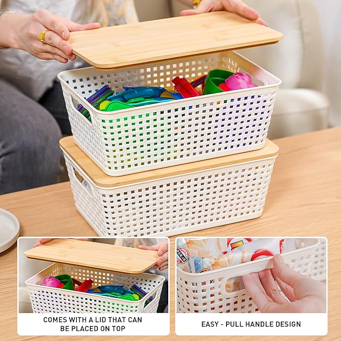 Anywish Storage Bins with Lids 10 Packs, Plastic Storage Bins with Bamboo Lids for Pantry Organization and Storage Containers for Shelves Drawers Desktop Closet Playroom Classroom Office Home, White