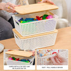Anywish Small Storage Bins with Lids 6 Packs, Plastic Storage Basket with Bamboo Lid for Pantry Organization and Storage Containers for Shelves Drawers Desktop Closet Playroom Office Home, White