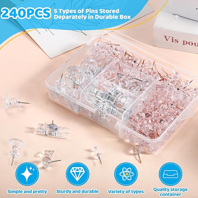 240Pcs Clear Thumb Tacks,5 Style Thumbtacks, Clear Plastic Push Pins for Cork Board, Bulletin Boards, Wall