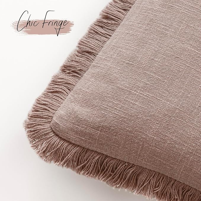 Foindtower Set of 2 Decorative Linen Fringe Throw Pillow Covers Boho Farmhouse Cushion Cover with Tassels Soft Accent Pillowcase for Couch Sofa Bed Living Room Home Decor,22×22 Inch,Dusty Pink