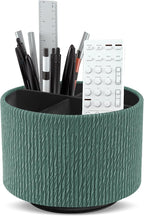 Hennaja Round Leather Art Supply Organizer,Remote Control Holder,360 Degree Spinning,Multi-Functional Pencil Holder,4 Compartments Desktop Stationary Organizer(1-Wood Green)