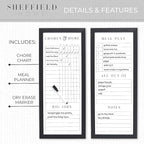 Sheffield Home Set of Two Family Planner Dry Erase Boards Featuring, Chore Chart, Shopping List, Weekly Meal Planner and Notes, 9x21 Inch, Black