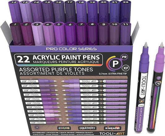 Acrylic Paint Pens 22 Purple Tones Assorted Pro Color Series Markers Set 0.7mm Extra Fine Tip for Rock Painting, Glass, Mugs, Wood, Metal, Canvas, Projects, Non Toxic, Waterbased, Quick Drying