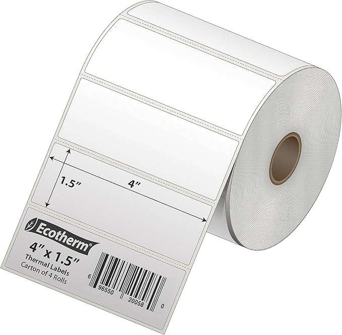 4" x 1.5" Thermal Labels | 4 Rolls | 3940 Labels | fits Zebra, Munbyn, Rollo, Godex, Arkscan, iDPRT, Offnova Thermal Label Printers and More | Blank White Adhesive Stickers by Ecotherm