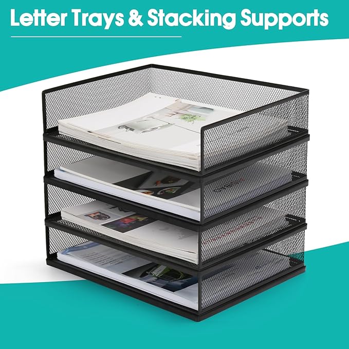 AZFUNN Wire Mesh Letter Trays Paper Tray Desk File Organizer, 2 Pack Stackable Metal Front-Load Documents Tray for Office Supplies File (Transverse)