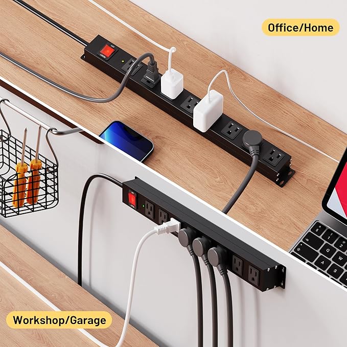 KF 8 Outlet Heavy Duty Power Strip Surge Protector, 2100J Surge Protection Metal Power Strip, 15A/1875W Mountable Power Strips with Upgraded Switch, 14AWG 6FT Extension Cord, Black