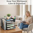 Gugsey Desk Organizer, 5-Tier Paper Letter Tray Organizer with File Holder, Drawer and Pen Holder, Desktop Organizer for Office Supplies, Black