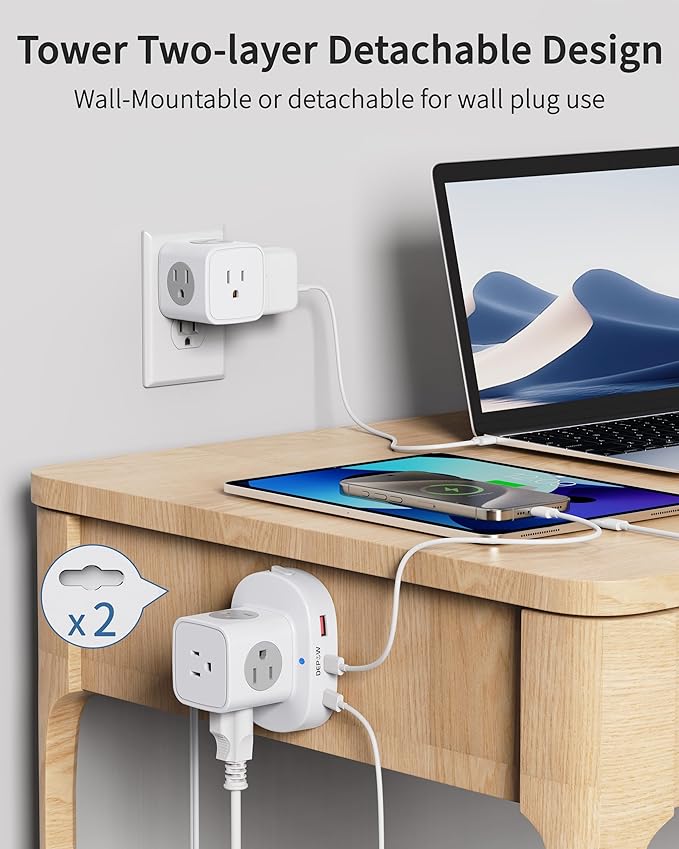 2 Prong Power Strip, 2 to 3 Prong Outlet Adapter with 9 Outlets 3 USB Ports (2 USB C), 1700J Two Prong Surge Protector, 5FT Power Strip Tower, Wall Mount for Old House Non-Grounded Outlets