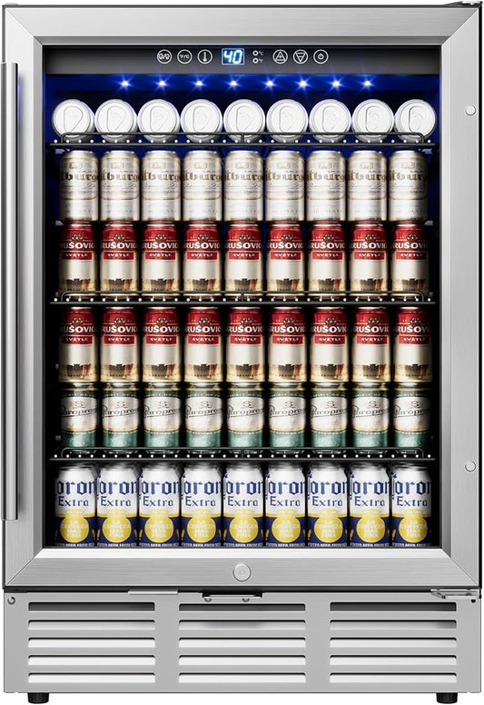 24 Inch Beverage Refrigerator, Beverage Cooler 180 Can Built-in Design, Under Counter Beer Fridge with Glass Door for Soda, Wine, Water - For Kitchen, Office or Bar