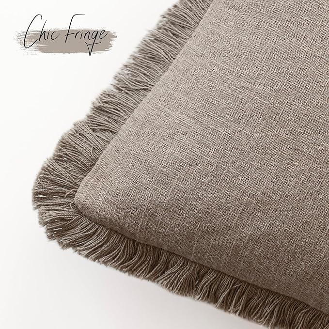 Foindtower Set of 2 Decorative Linen Fringe Lumbar Throw Pillow Covers Boho Farmhouse Cushion Cover with Tassels Soft Accent Pillowcase for Couch Sofa Bed Living Room Home Decor,12×24 Inch,Brown Tan