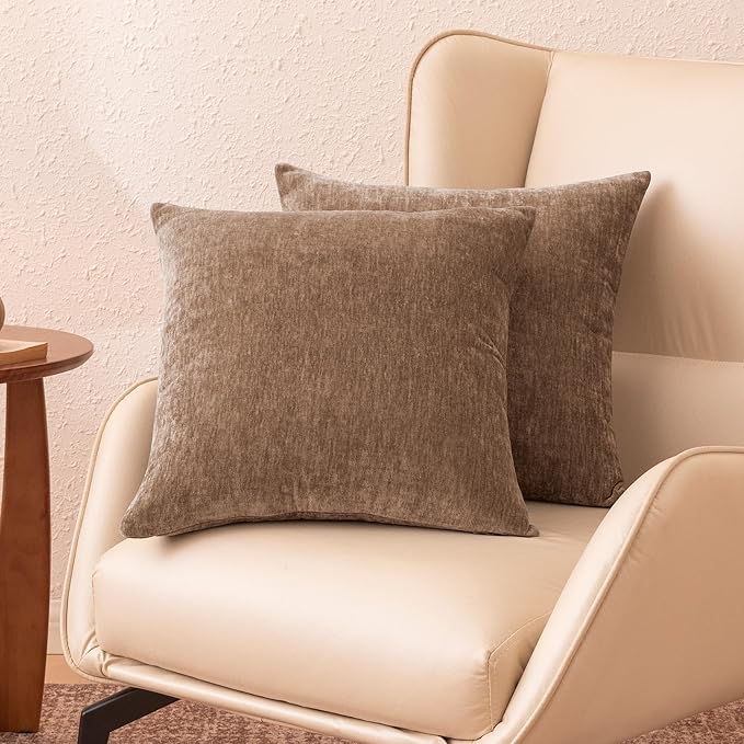 Amazon Basics Chenille Throw Pillow Covers, Home Decor Cushion Cover for Bedroom Living Room Couch Bed, 22" W × 22" L, Brown