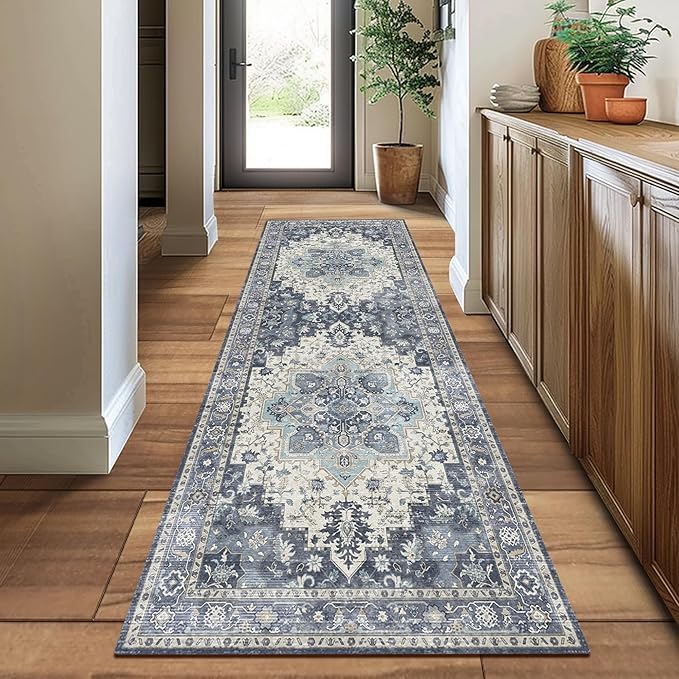 GENIMO 2x5 Runner Rugs for Hallway, Machine Washable Non Slip Vintage Rugs, Low Pile Lightweight Soft Print Rug for enrtyway, Corridor, Home Office, Kitchen, Center Blue