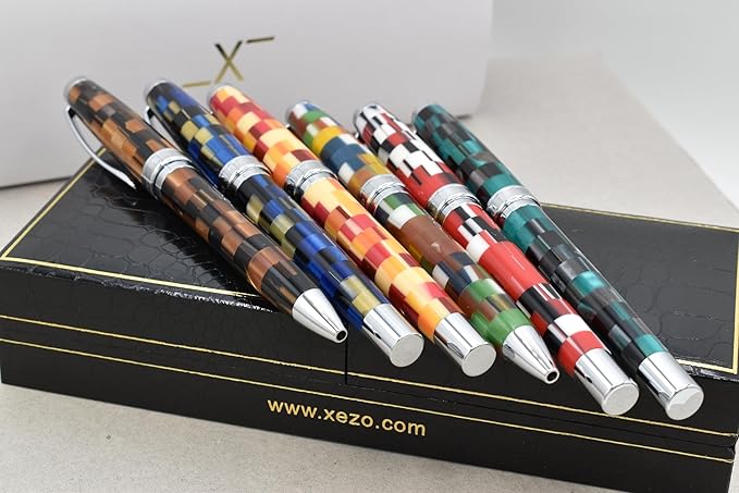 Xezo Urbanite Twist Action Ballpoint Pen, Medium Point. Retro Red, Yellow, and Cream Checkered Acrylic on Brass. Chrome Plated. Handcrafted, Limited Edition, Serialized
