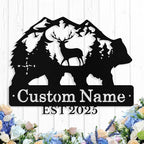 Custom Bear & Deer Metal Sign, Custom Bear Metal Wall Art Decor, Personalized Last Name Signs for Home, Rustic Farmhouse Black Wall Decor for Cabin, Bedroom, Living Room
