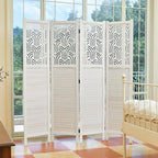 Svimi Folding Room Divider, 66.9 Inch 4 Panels Wood Carved Privacy Screens, Free Assembled Freestanding Portable Separation Wall for Home Office Restaurant Bedroom (White)