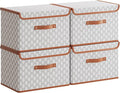 Tuza 4 Pack Fabric Storage Bins with Lids, Collapsible Closet Organizer Container, Decorative Storage Boxes with Lids for Organizing Clothes, Blanket, Grey & White, Large
