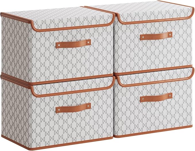 Tuza 4 Pack Fabric Storage Bins with Lids, Collapsible Closet Organizer Container, Decorative Storage Boxes with Lids for Organizing Clothes, Blanket, Grey & White, Large