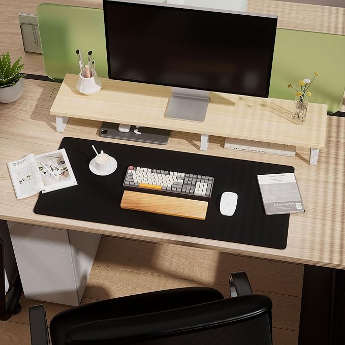 Aothia Dual-Sided Desk Pad - 25.6x13.7 inches Leather Desk Mat, Natural Cork Desk Pad Protector, Large Mouse Pad for Desk, Waterproof Desk Blotter Pad, Desk Writing Pad for Office Work/Home, Black