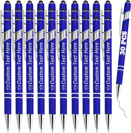 Personalized Pens Bulk 30 with Name Custom Engraving Ballpoint Pens with Stylus Tip Customized Smooth Writing Pens Personalized Gifts for Anniversary Birthday or Graduation(Blue,Black Ink)
