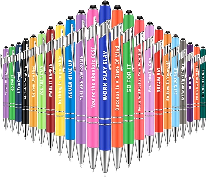 Lounsweer 100 Pieces Inspirational Ballpoint Pens with Motivational Messages, 20 Colors, 1mm Black Ink, Stylus Tip, Fun and Encouraging Gifts for Teachers, Students, Office and School Supplies