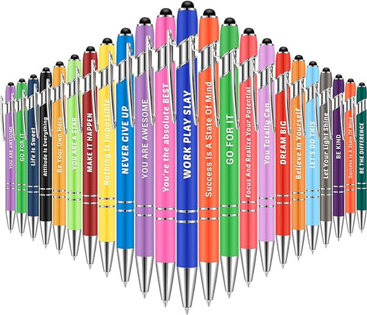 Lounsweer 100 Pieces Inspirational Ballpoint Pens with Motivational Messages, 20 Colors, 1mm Black Ink, Stylus Tip, Fun and Encouraging Gifts for Teachers, Students, Office and School Supplies