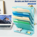 EASEPRES Desk File Organizer Mesh 6-Tier, Hanging Wall Mount Document Organization Stand, Desktop Vertical Mail Paper Folder Holder Rack with Bottom Tray for Office Home Cubicle Countertop, Blue