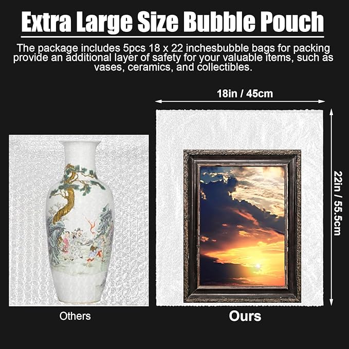 5 Pack Extra Large Bubble Pouches 18 * 22 Inch Clear Bubble Pouch Wrap Bags for Packing Shockproof Cushioning Wrap Bag for Shipping Moving Fragile Dishes China Plates Painting Fragile Items