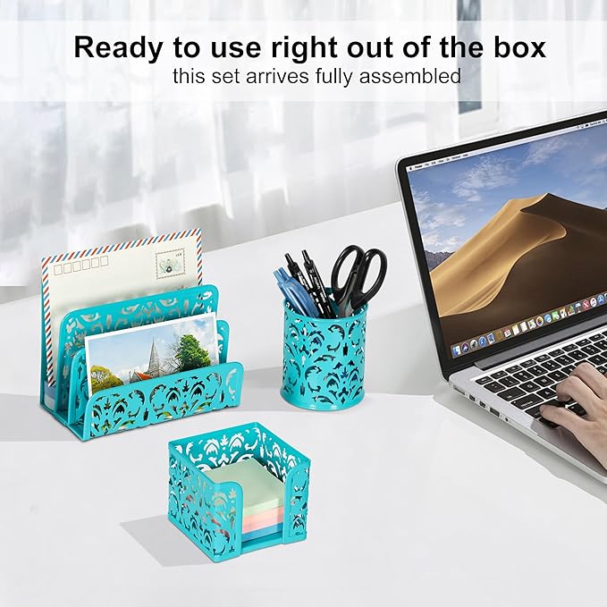 EasyPAG Desk Organizers and Accessories 3 Pieces Office Organizer Set - Pen Holder for Desk, Mail Sorter Countertop and Sticky Note Holder, Dark Teal