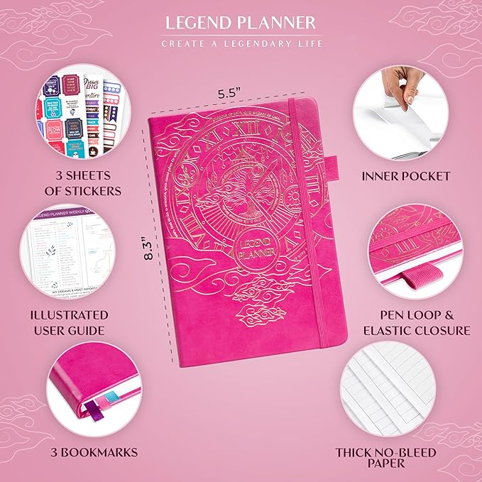 Legend Planner – Weekly & Monthly Life Planner to Hit Your Goals & Live Happier. Organizer Notebook & Productivity Journal. A5 (Hot Pink)