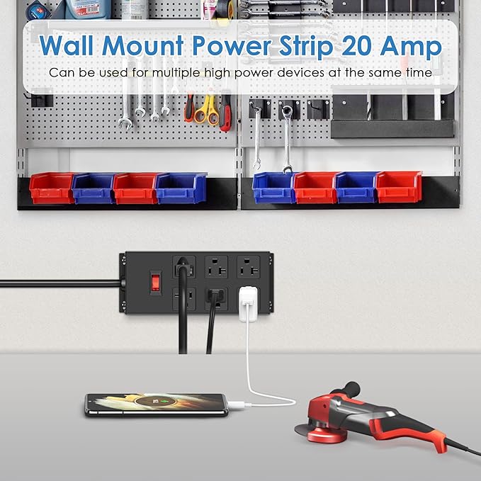 JUNNUJ 20 Amp Power Strip Heavy Duty 2 Pack, Garage 6 Outlets Metal 12 Gauge Surge Protector 3000J, High Amp 5-15P Adapter Shop 6-20R T-Slot Industrial (6AC 2-Pack, 6FT)
