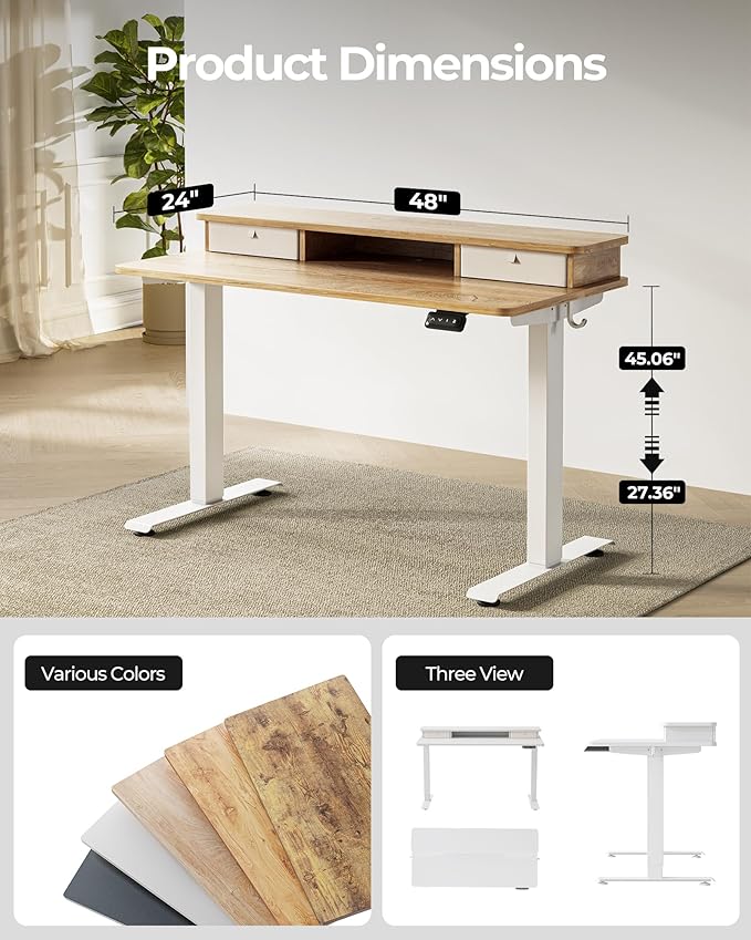 FEZIBO 48 x 24 Inch Height Adjustable Electric Standing Desk with Double Drawer, Stand up Home Office Computer Desk with 4 Height-Adjustable Feets & 2 Hooks,Maple