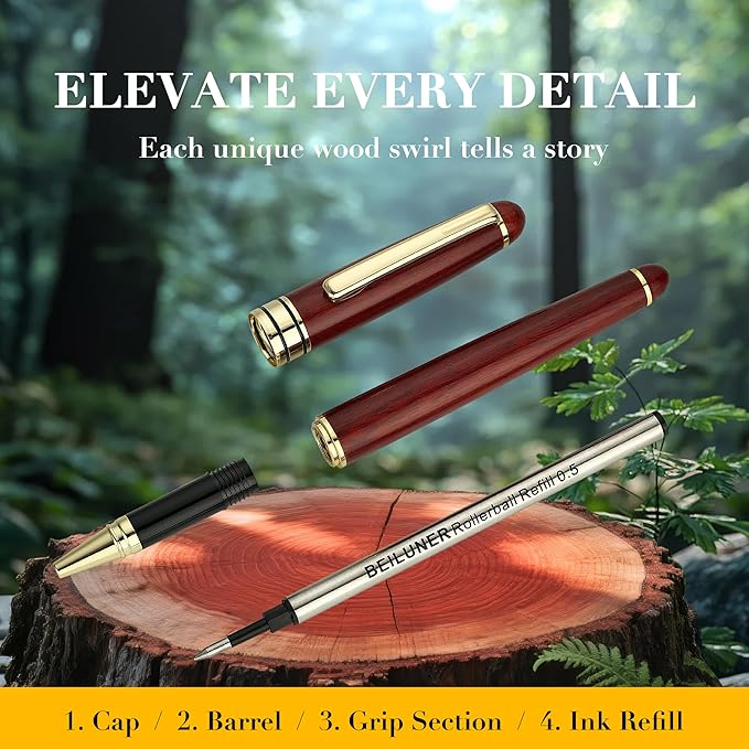 BEILUNER Luxury Rosewood Ballpoint Pen Writing Set - Elegant Fancy Nice Gift Pen Set for Signature Executive Business Office Supplies - Gift Boxed with Extra Refills (Black)