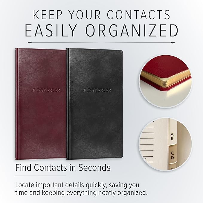 Gallery Leather Small Address Book with Alphabetical Tabs up to 403 Records, Leather Notebook Hardcover, Telephone and Address Books - 6x3.25", Pocket Address, Acadia Black