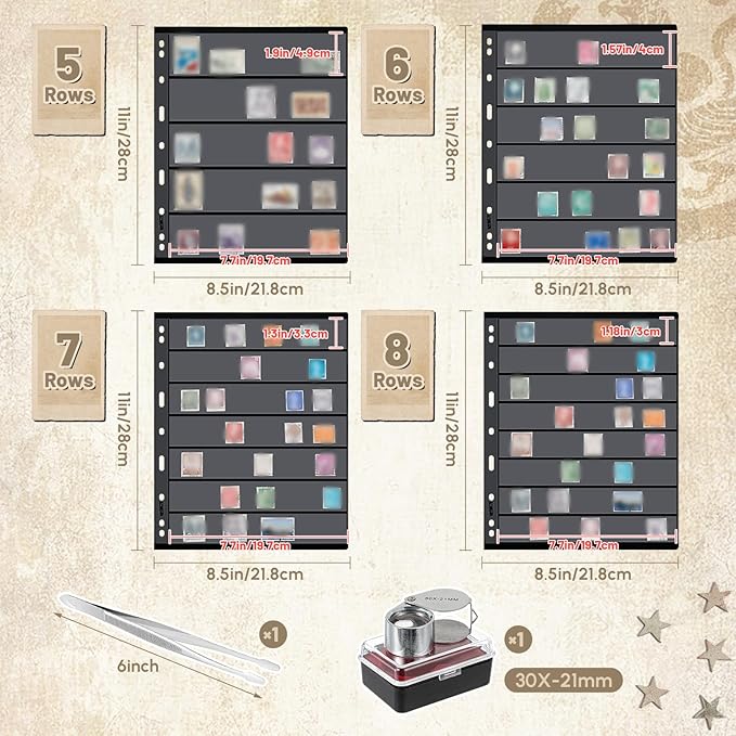 Lewtemi Stamp Collecting Albums Set Stamp Collection Book Include 20 Pages Album Binder Tweezer and Loop Magnifier Collecting Supplies for Collectors (Black,5/6/7/8 Rows)