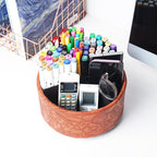 Hennaja Remote Control Holder, 360°Spinning PU Leather Desk TV Remote Caddy,Desk Storage Box Room Accessories for Controller, Media,Mail,Calculator, Mobile Phone,Pencil(1-Carved Brown)