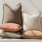 Foindtower Set of 2 Decorative Linen Fringe Throw Pillow Covers Cozy Boho Farmhouse Cushion Cover with Tassels Soft Accent Pillowcase for Couch Sofa Bed Living Room Home Decor, 16×16 Inch, Light Brown