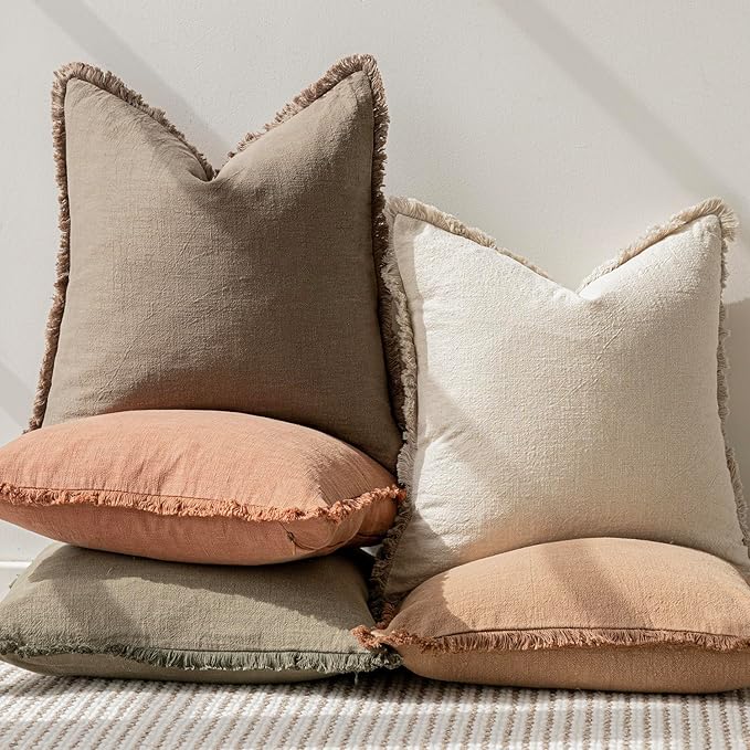 Foindtower Set of 2 Decorative Linen Fringe Throw Pillow Covers Cozy Farmhouse Boho Cushion Cover with Tassels Soft Accent Pillowcase for Couch Sofa Bed Living Room Home Decor 20×20 Inch Light Brown