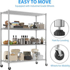 Homdox 4-Tier Heavy Duty Metal Shelves with Wheels - 2400LBS Commercial Adjustable Shelves for Garage, Pantry, Kitchen - 24"x60"x72", Chrome