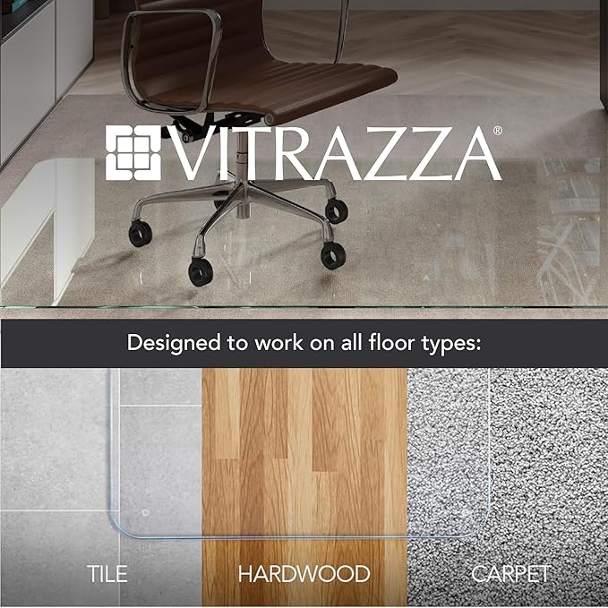 Vitrazza Glass Chair Mat 36” x 42” Superior ¼ Thick, Luminoso Low-Iron Ultra Clear, Certified Tempered Safety Glass, Delivers a Smooth Glide, Protects Carpet or Wood, Beautiful in Home or Office.