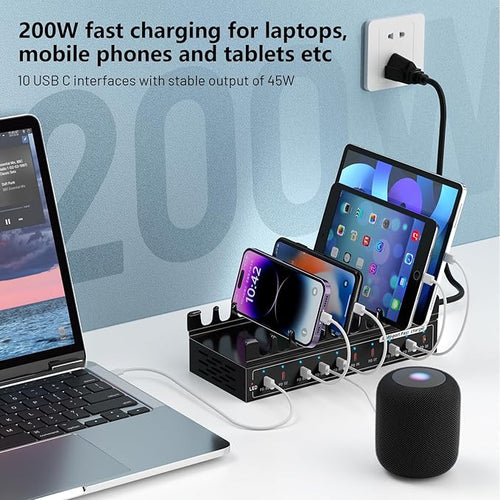 200W Charging Station,Charger with 10 USB C Ports, Stations for MacBook, iPhone, Android Cell Phone, iPad, Tablet, Family Multi-Device Organizer Charging Dock