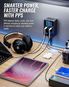 SABRENT Charger, 252W 8-Port Desktop Charging Station w/Real-Time LCD Display, UL Certified | USB C/A, Compatible with MacBook, iPhone, Samsung Galaxy, and Tablets