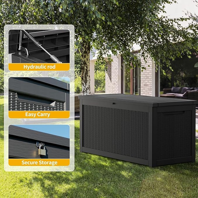 PATIOEASY Outdoor Storage Box 320GAL Waterproof Resin Deck Box,UV-Resistant Lockable Delivery Bin for Garden Tools,Large Patio Outside Cushions,Pool Accessories Supplies,Chest,Furniture,Package,Black