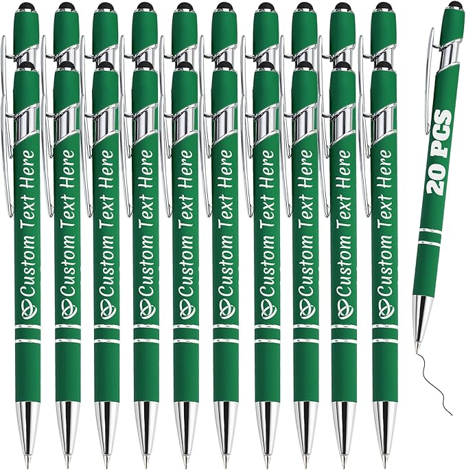 Personalized Pens Bulk 20 with Name Custom Engraving Ballpoint Pens with Stylus Tip Customized Smooth Writing Pens Personalized Gifts for Anniversary Birthday or Graduation(Dark Green,Black Ink)