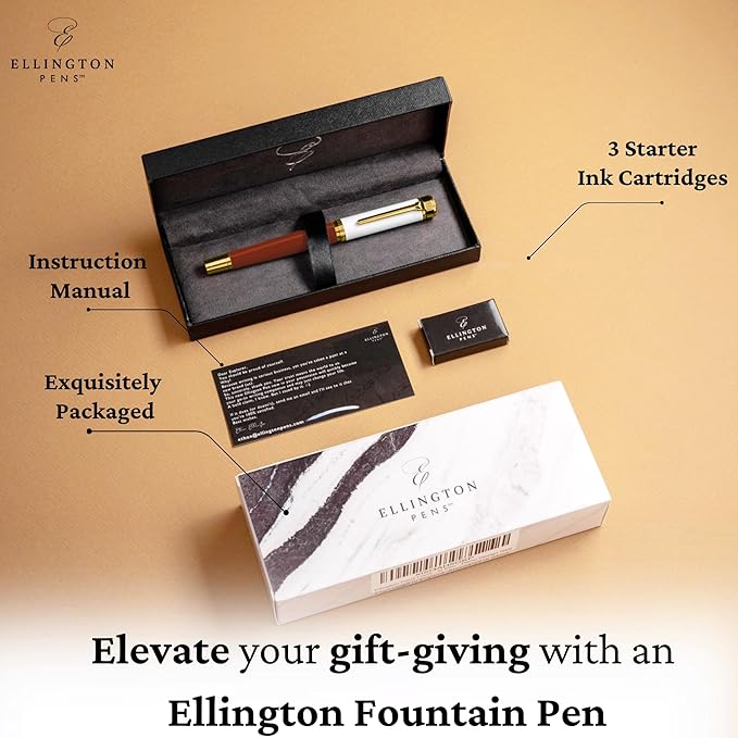 Ellington Pens Luxury Fountain Pen Set - Smooth Medium Nib - Includes 3 Ink Cartridges, Refillable Ink Converter, Gift Box - Fountain Pens For Writing, Calligraphy, Journaling, Sketching (Ivory Suede)