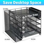 Gugsey Desk Organizer, 5-Tier Paper Letter Tray Organizer with File Holder, Drawer and Pen Holder, Desktop Organizer for Office Supplies, Black