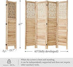 Svimi Folding Room Divider, 66.9 Inch 4 Panels Wood Carved Privacy Screens, Free Assembled Freestanding Portable Separation Wall for Home Office Bedroom (Natural)